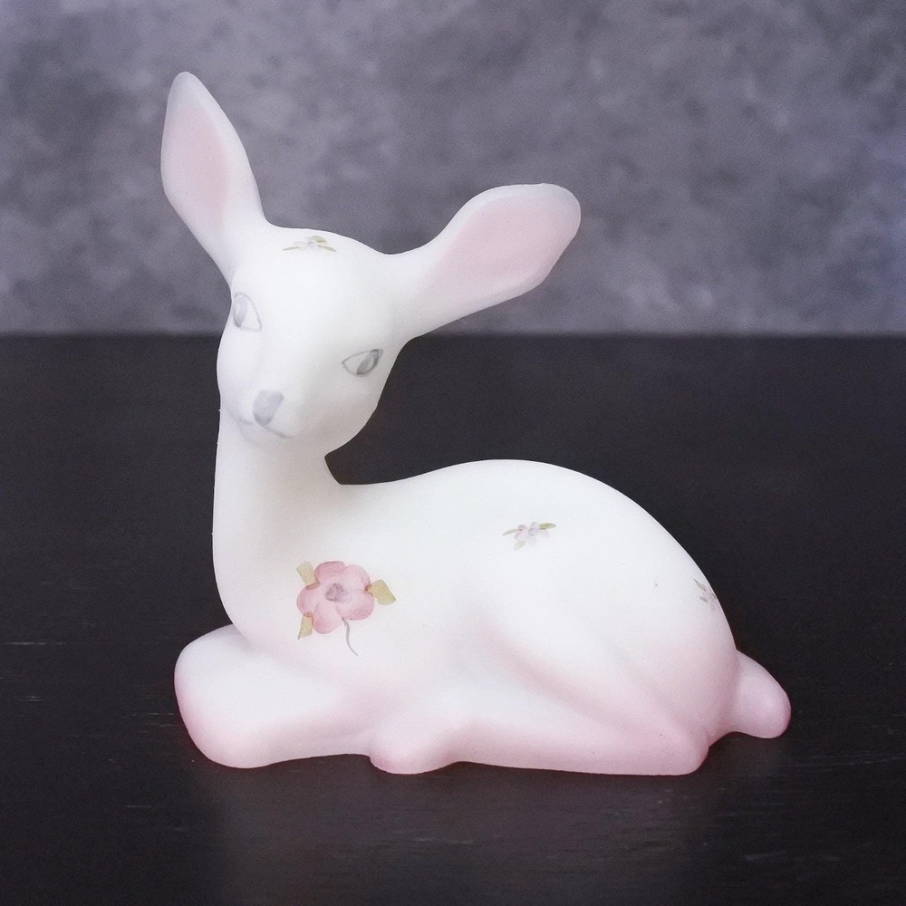 Vintage Fenton Art Glass Satin White Pink Hand Painted Floral Deer Fawn Figurine